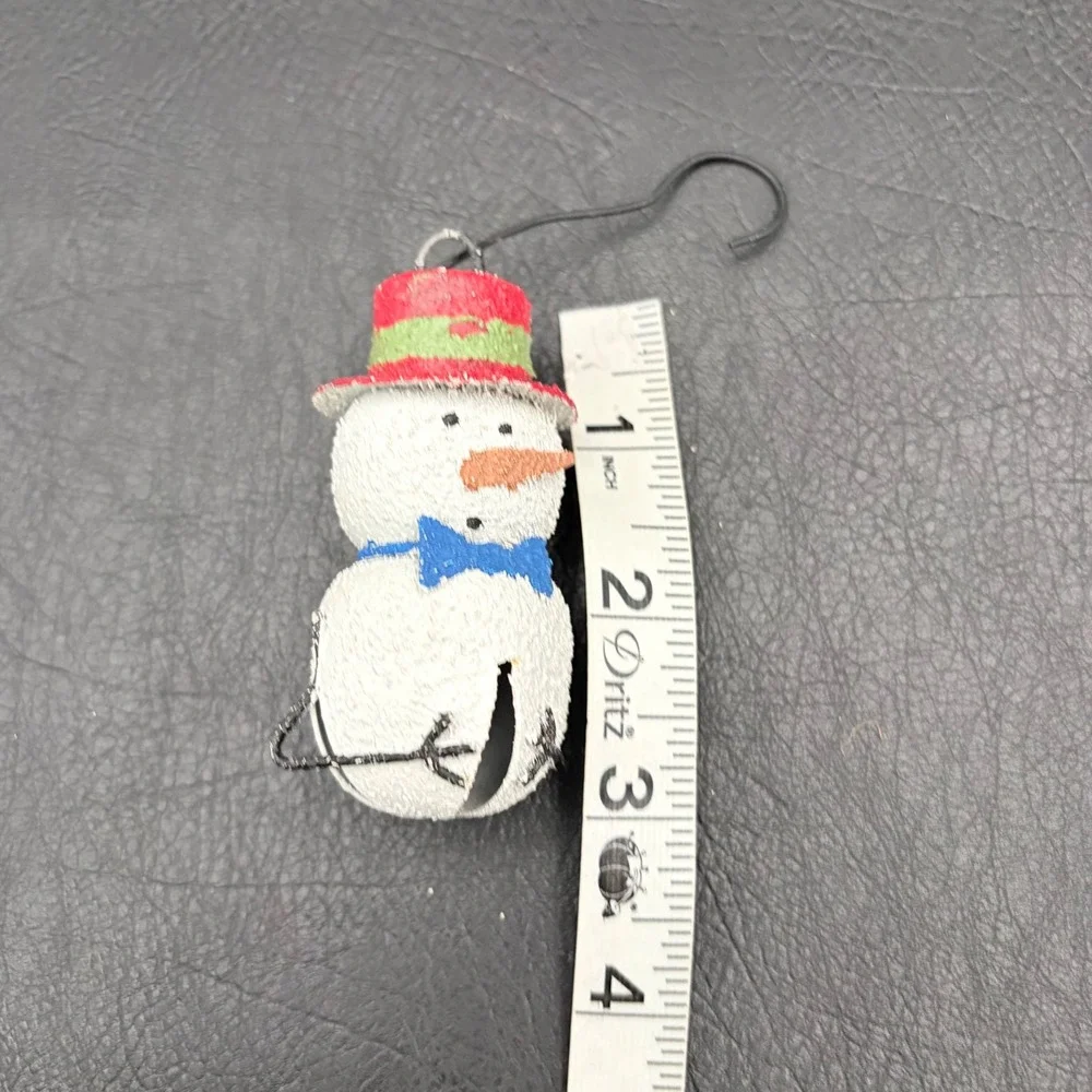 Set of 4 Snowman Jingle Bell Christmas Ornaments Metal Textured Holiday Decor